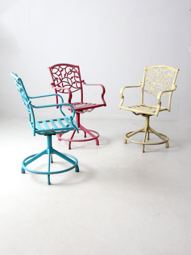 set of 3 vintage metal swivel patio chairs