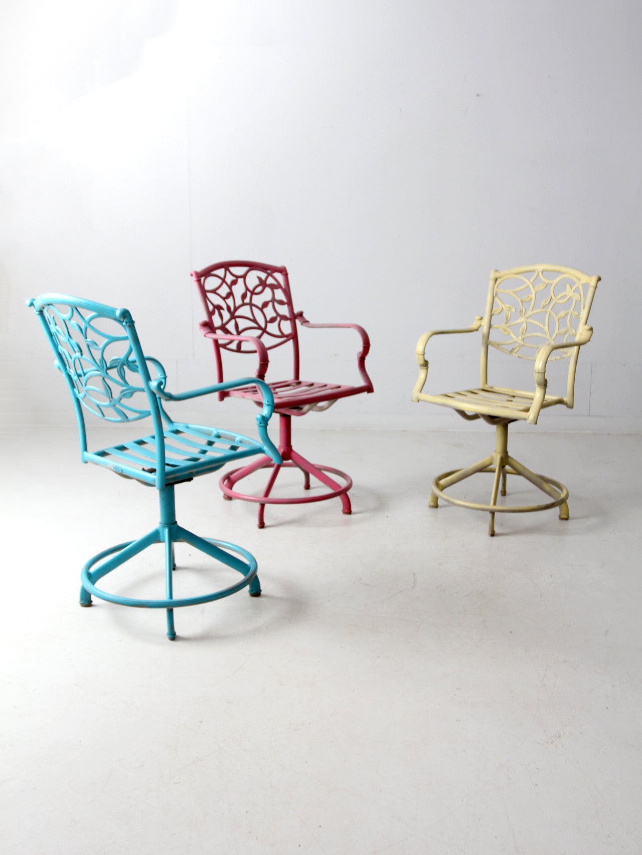 set of 3 vintage metal swivel patio chairs