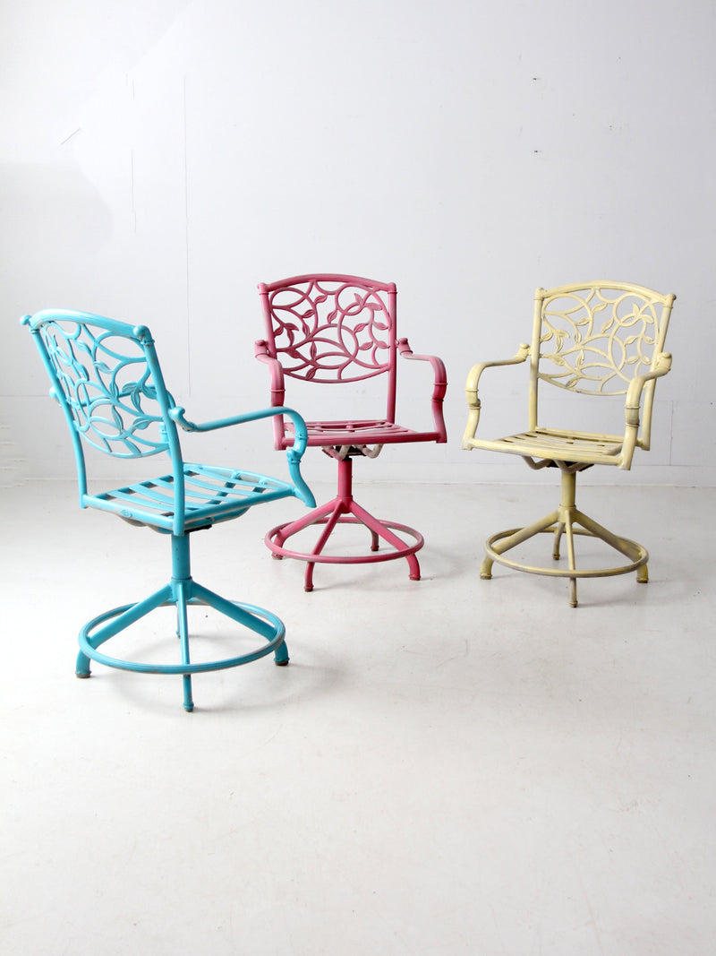 set of 3 vintage metal swivel patio chairs