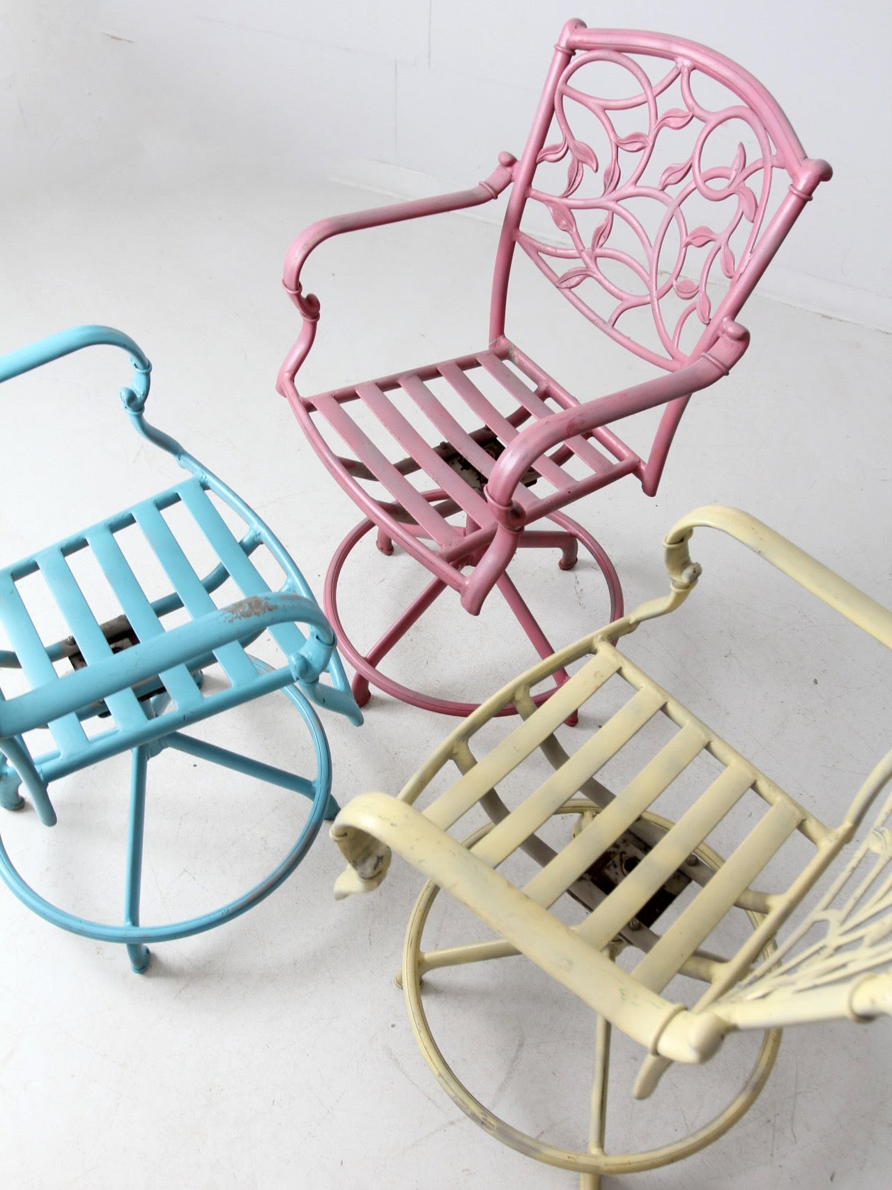 set of 3 vintage metal swivel patio chairs