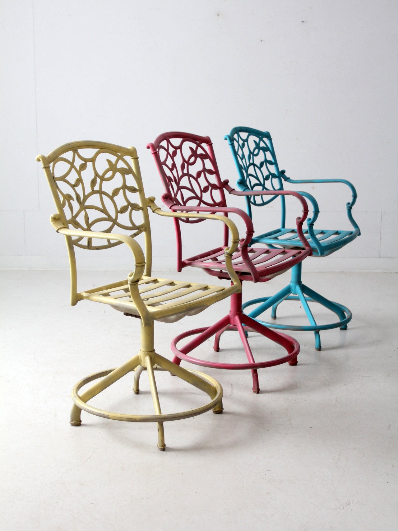 set of 3 vintage metal swivel patio chairs