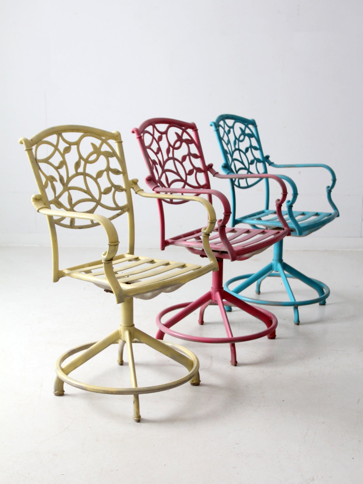 set of 3 vintage metal swivel patio chairs