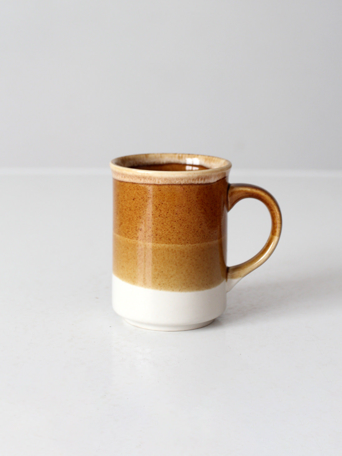 vintage 1970s brown tan and cream ceramic coffee mug