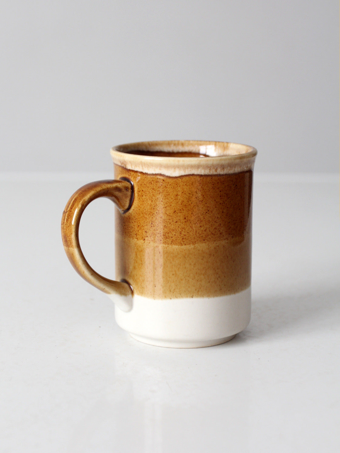 vintage 1970s brown tan and cream ceramic coffee mug