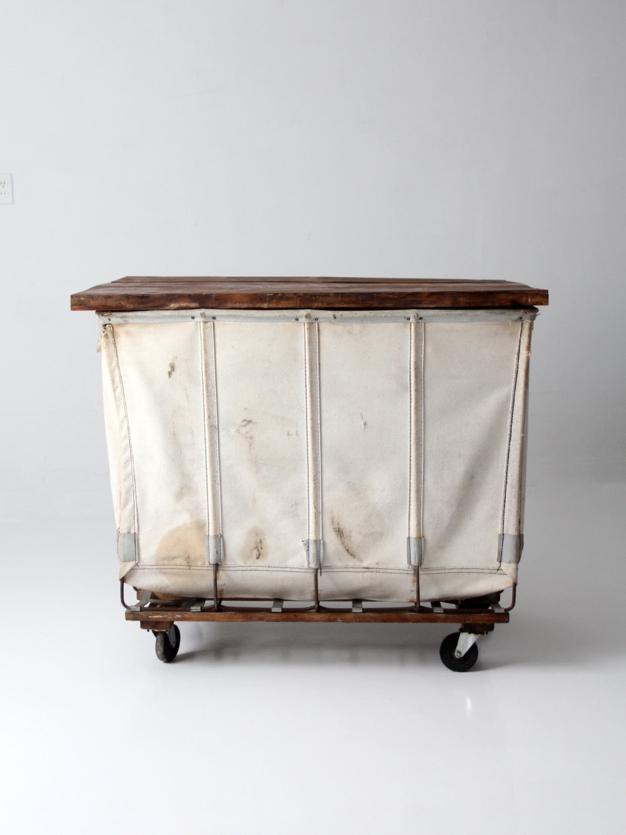 vintage Dandux industrial laundry cart with wood top