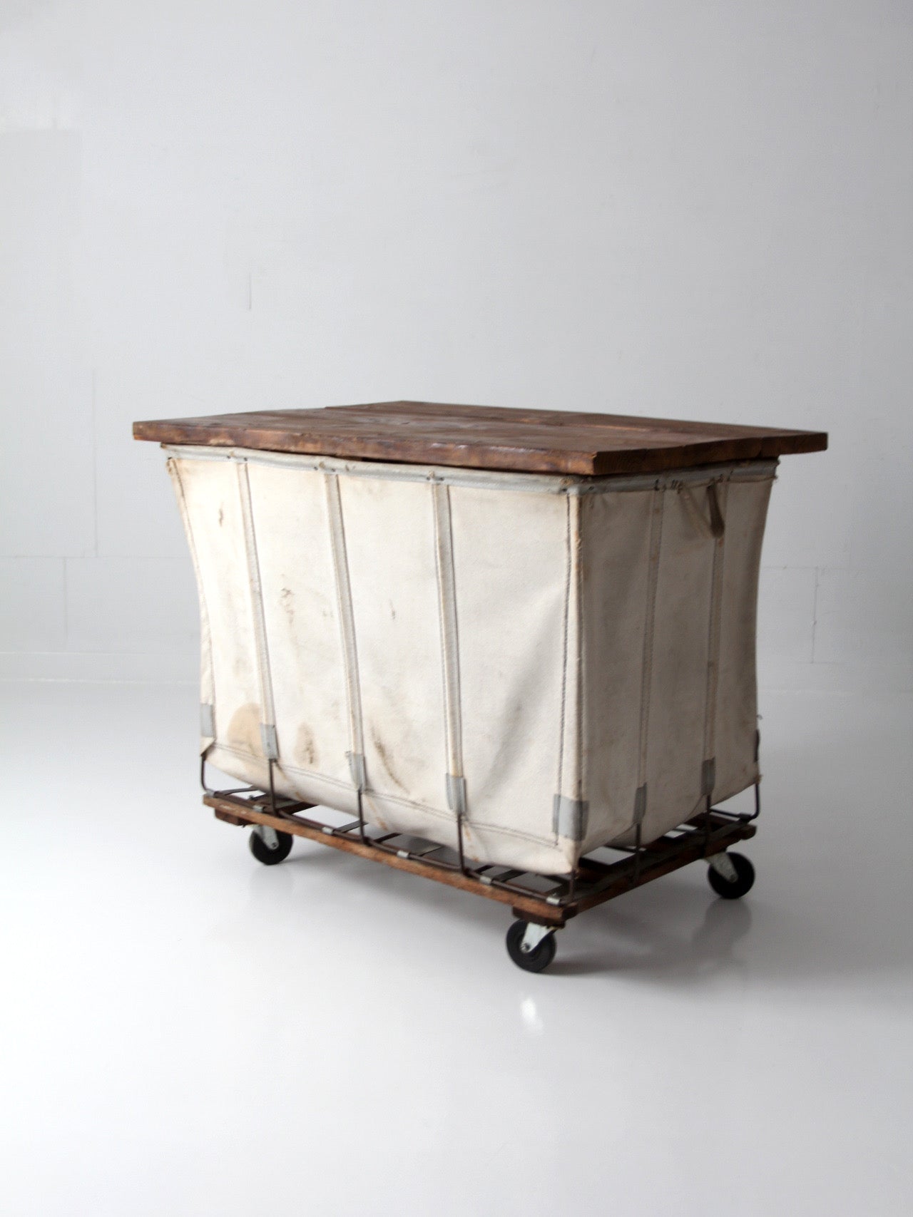 vintage Dandux industrial laundry cart with wood top