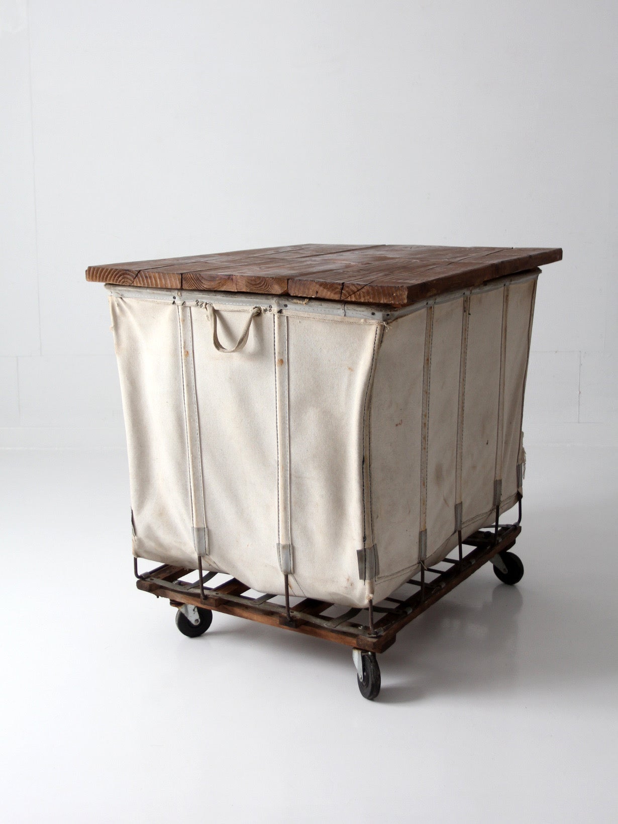 vintage Dandux industrial laundry cart with wood top