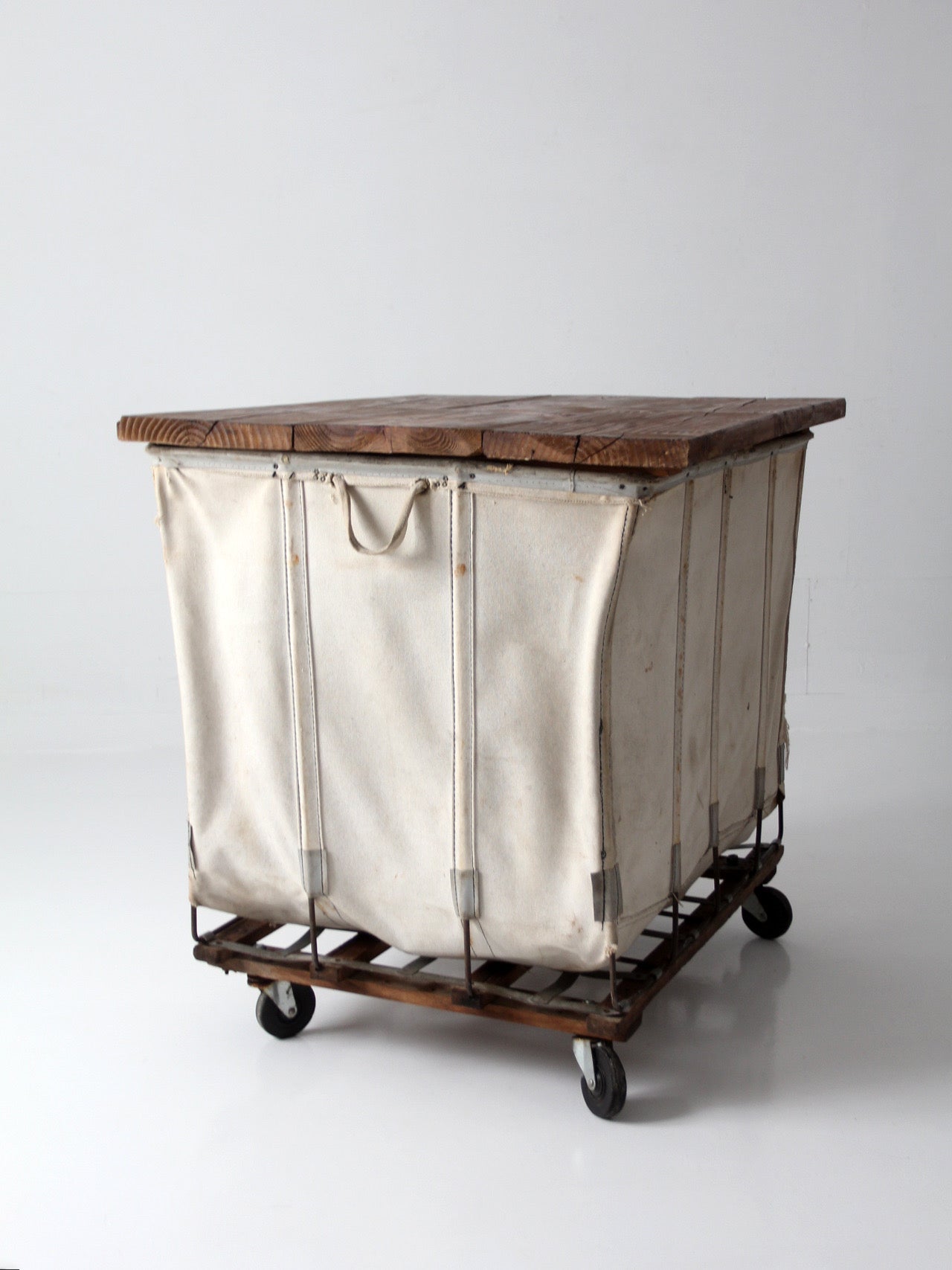 vintage Dandux industrial laundry cart with wood top