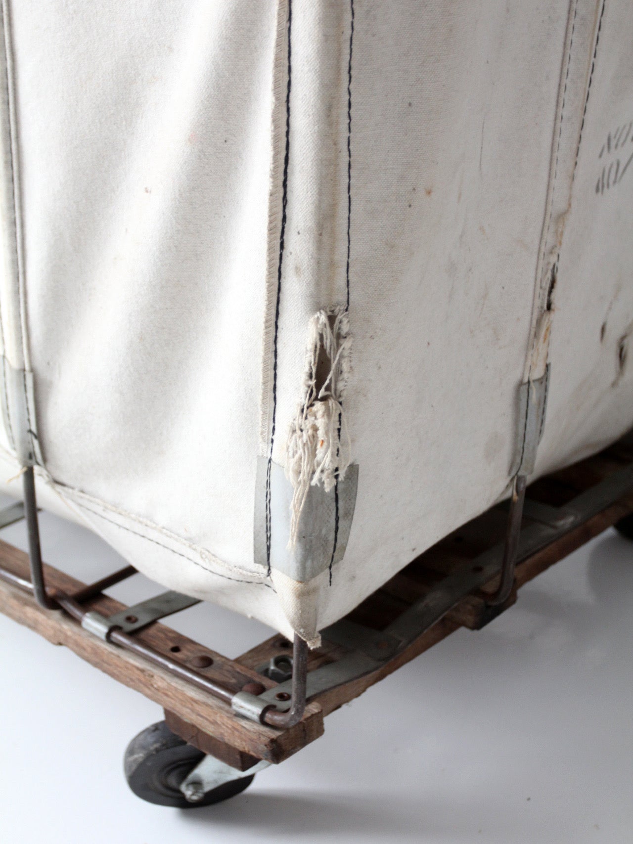 vintage Dandux industrial laundry cart with wood top