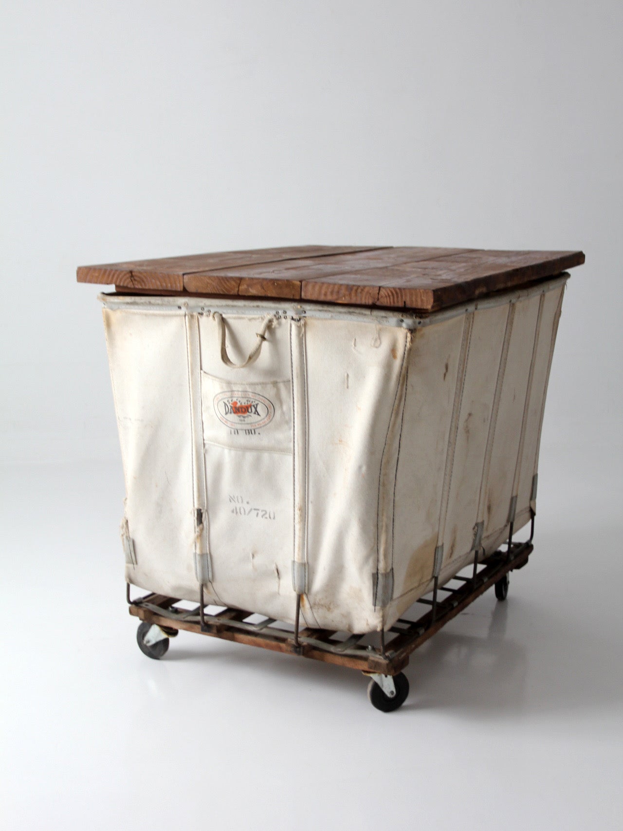 vintage Dandux industrial laundry cart with wood top