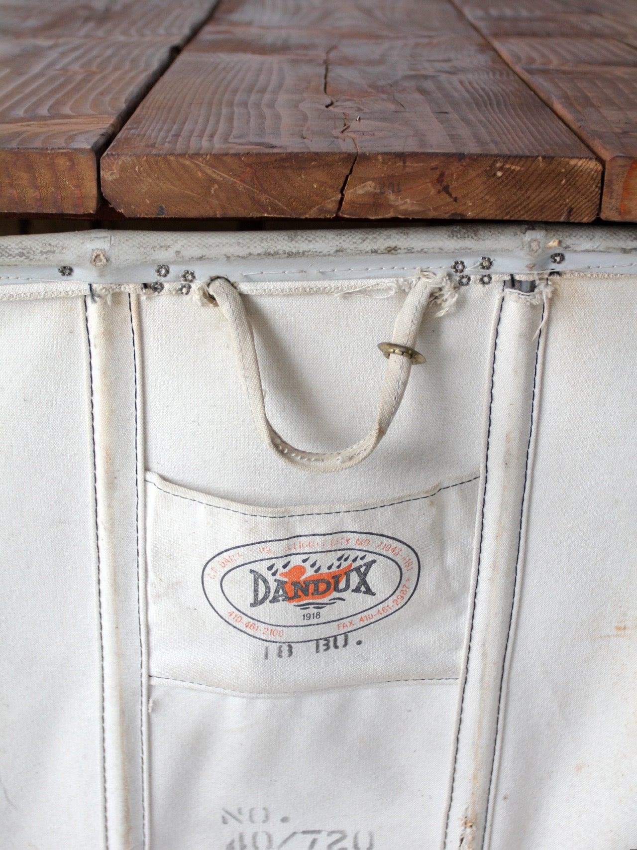 vintage Dandux industrial laundry cart with wood top