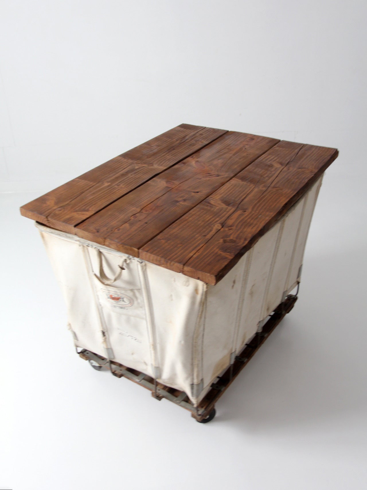 vintage Dandux industrial laundry cart with wood top