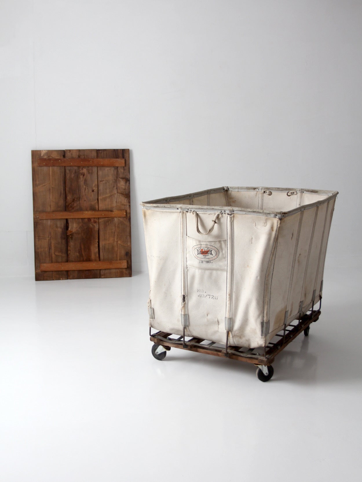vintage Dandux industrial laundry cart with wood top
