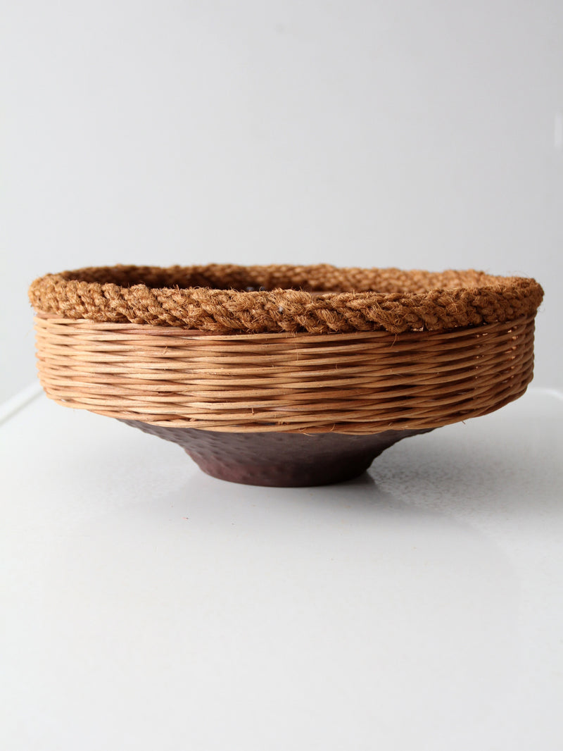 vintage copper and wicker bowl
