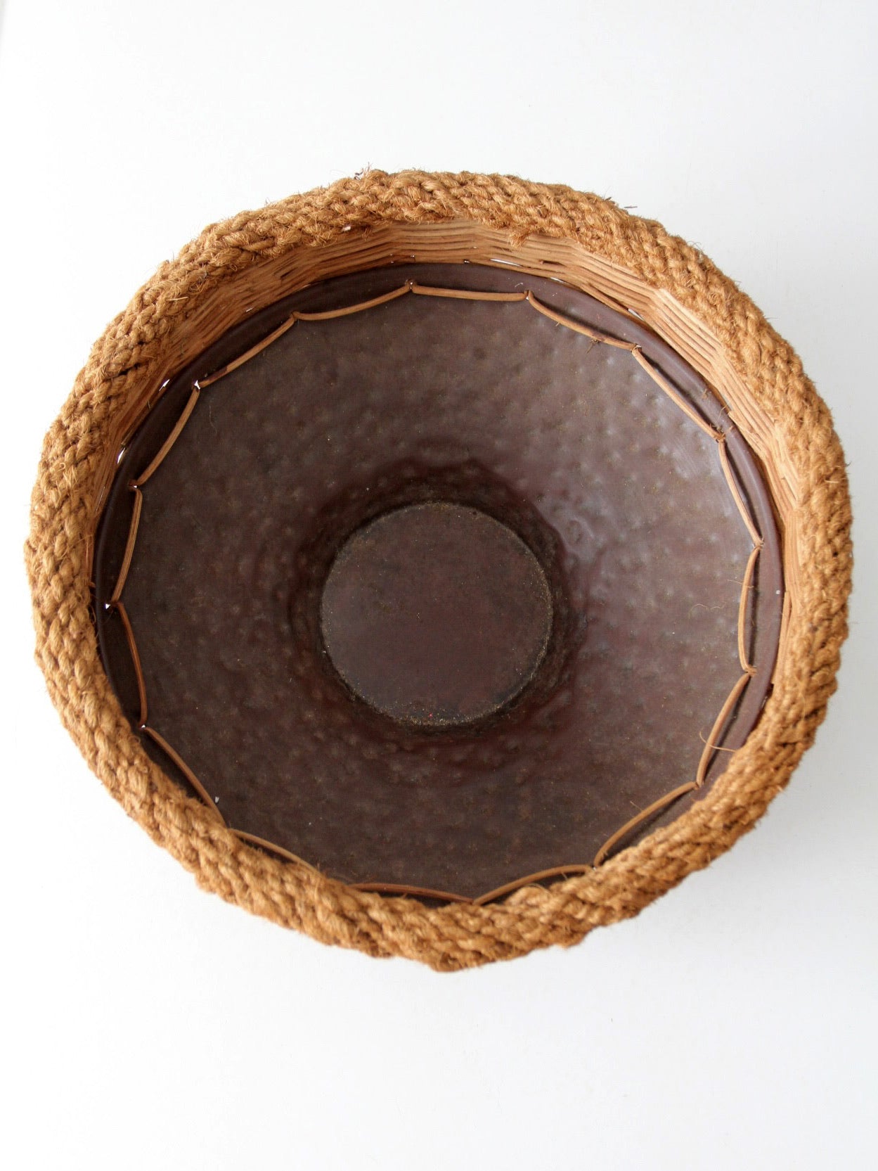 vintage copper and wicker bowl