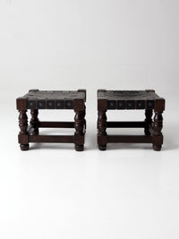 mid-century Spanish Revival leather strap stools pair