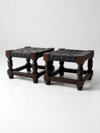 mid-century Spanish Revival leather strap stools pair