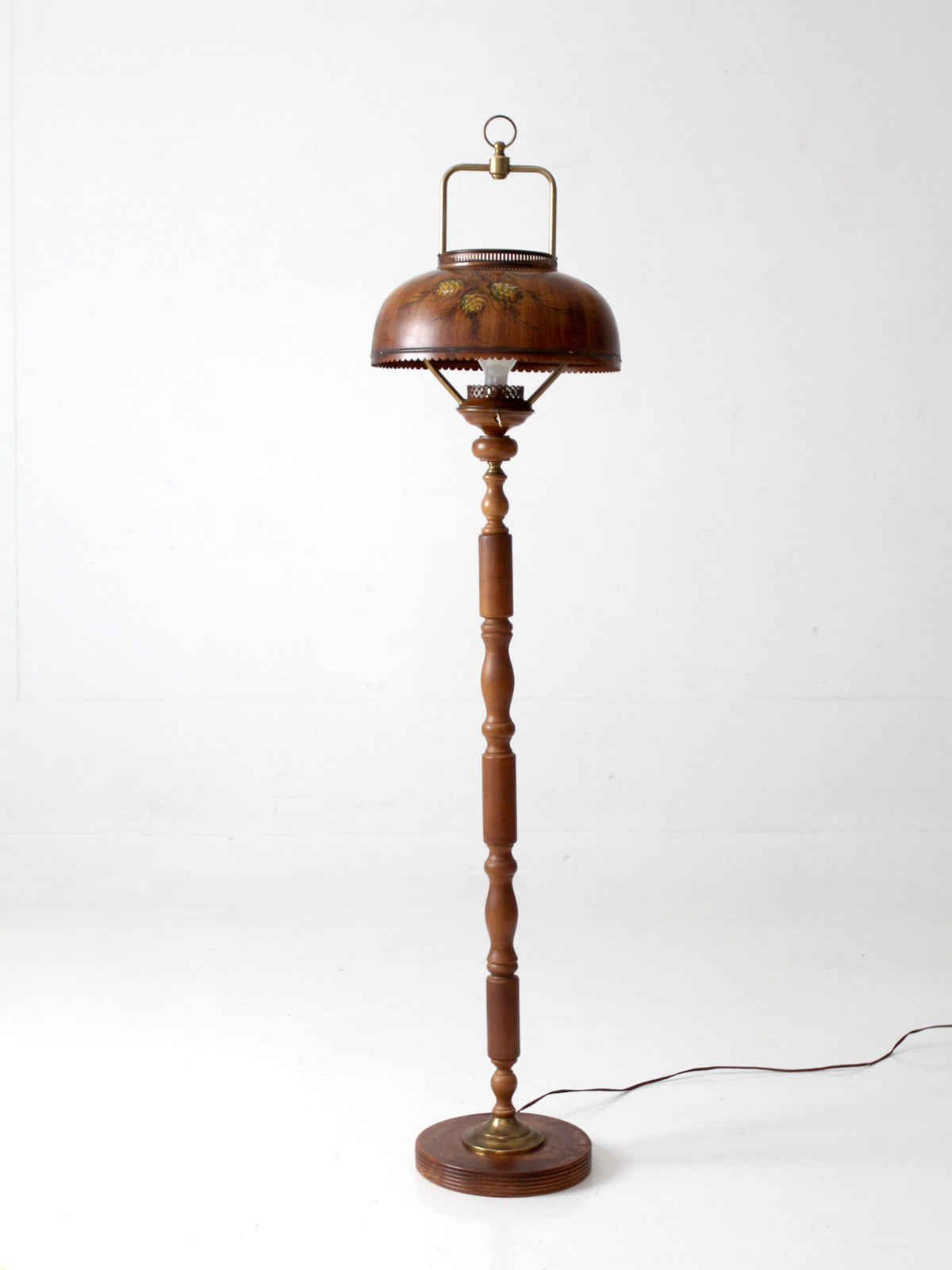 vintage faux bois floor lamp with hand-painted pinecone shade