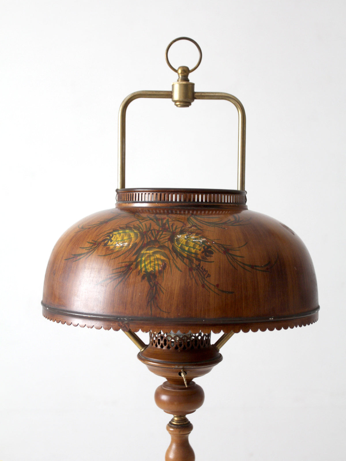 vintage faux bois floor lamp with hand-painted pinecone shade