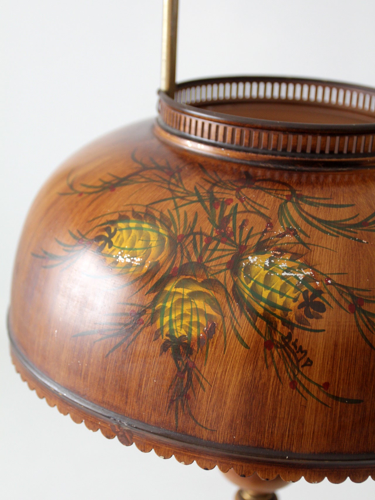 vintage faux bois floor lamp with hand-painted pinecone shade