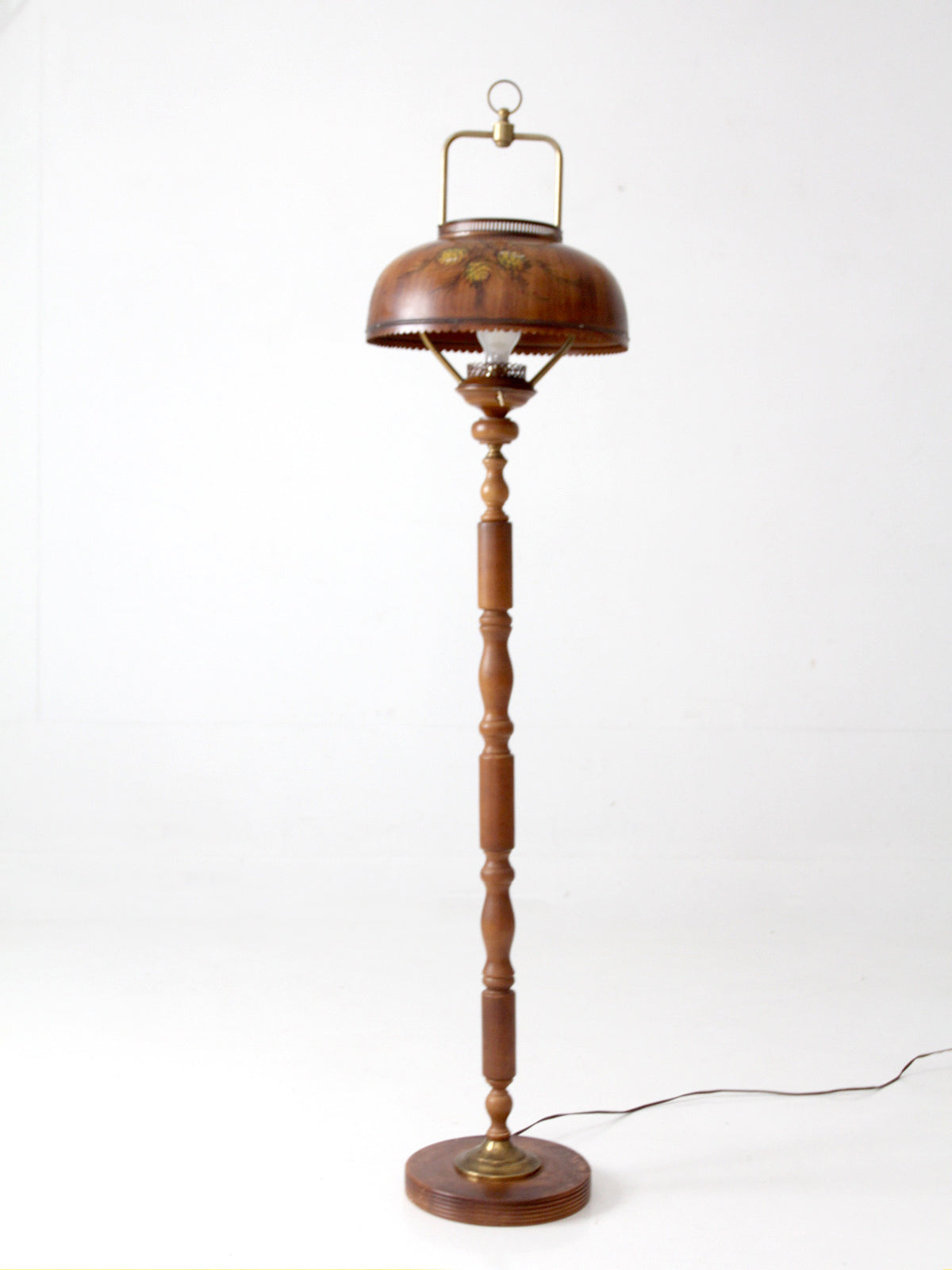 vintage faux bois floor lamp with hand-painted pinecone shade