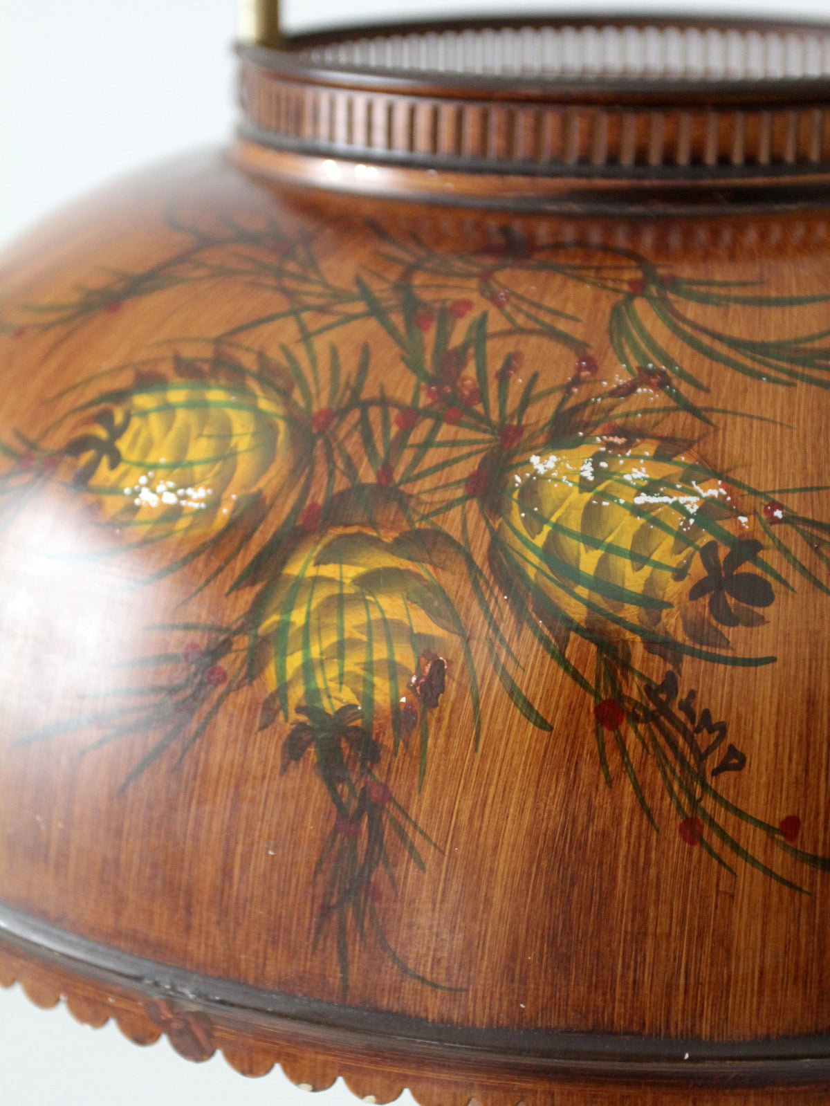 vintage faux bois floor lamp with hand-painted pinecone shade