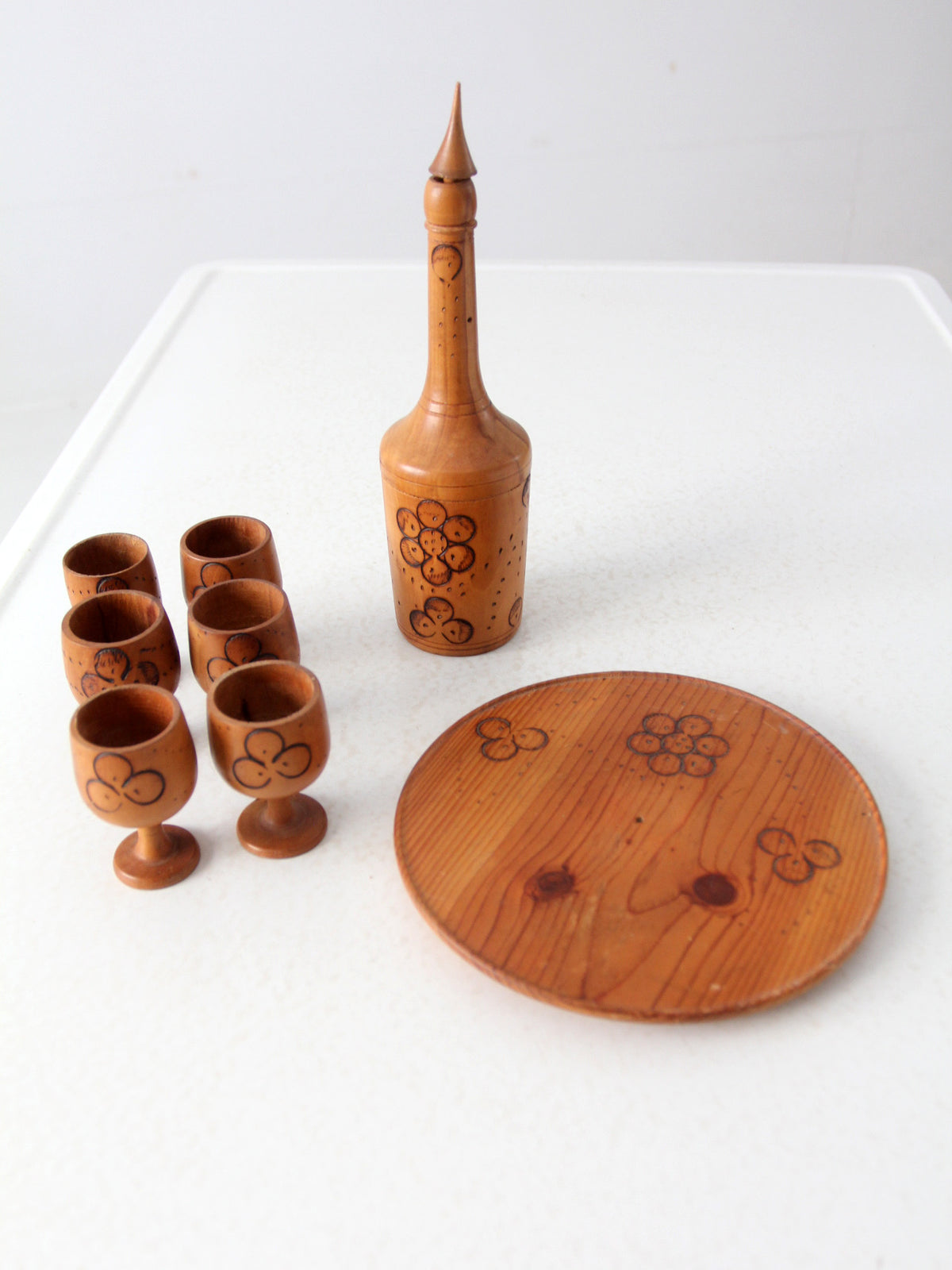 vintage folk art wooden decanter and cup set