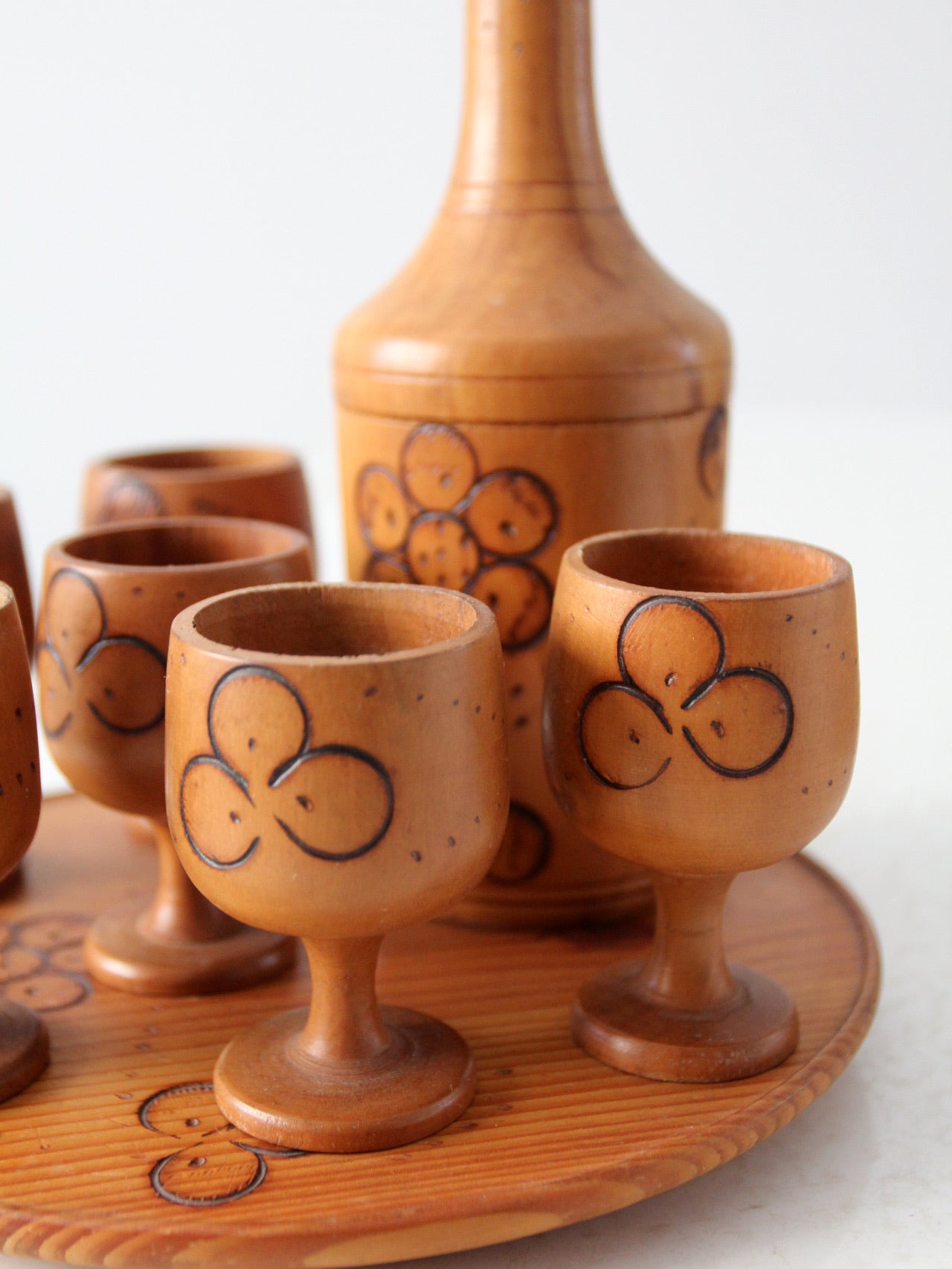 vintage folk art wooden decanter and cup set