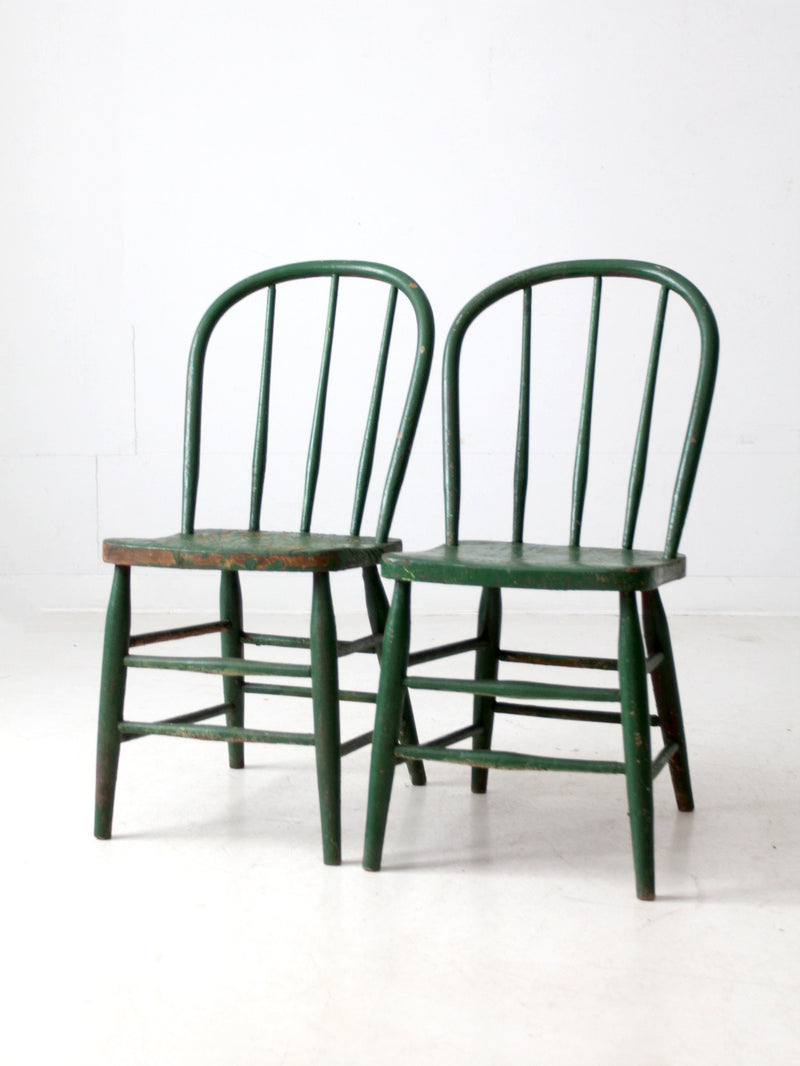 antique green farmhouse Windsor chairs pair