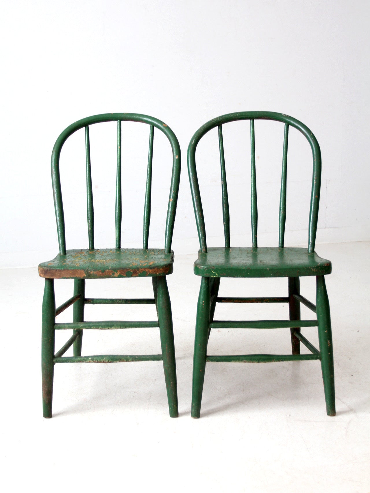 antique green farmhouse Windsor chairs pair