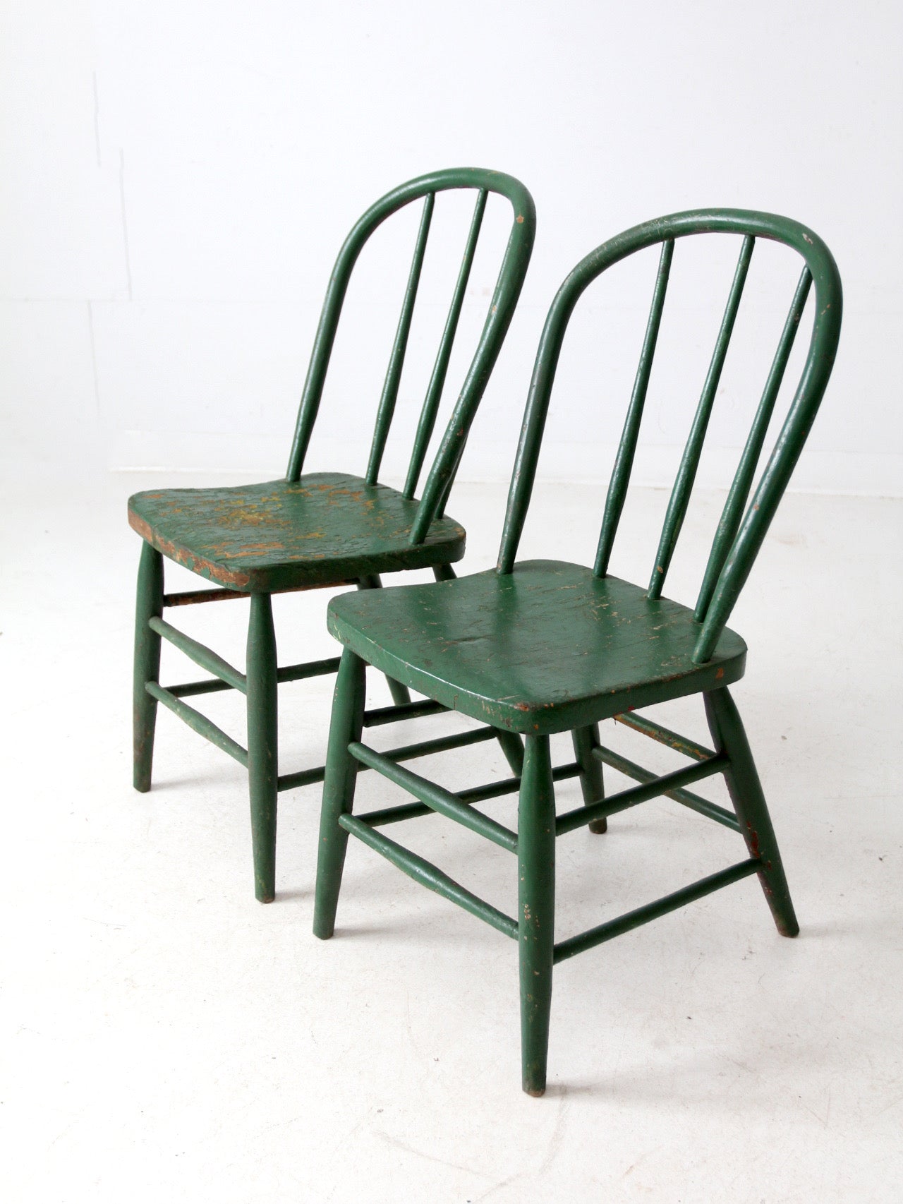 antique green farmhouse Windsor chairs pair