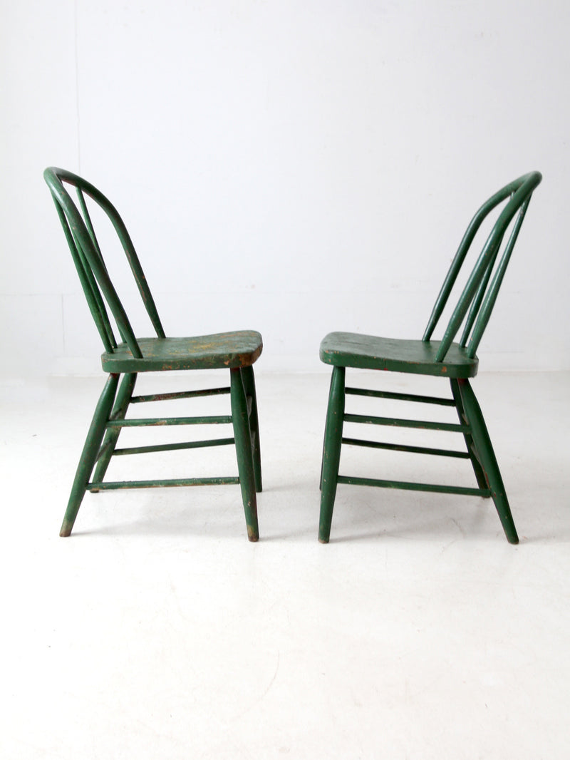 antique green farmhouse Windsor chairs pair