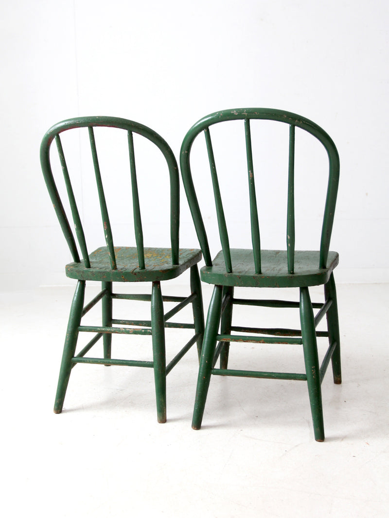 antique green farmhouse Windsor chairs pair
