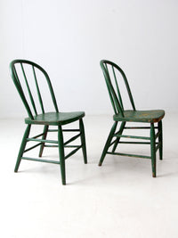 antique green farmhouse Windsor chairs pair