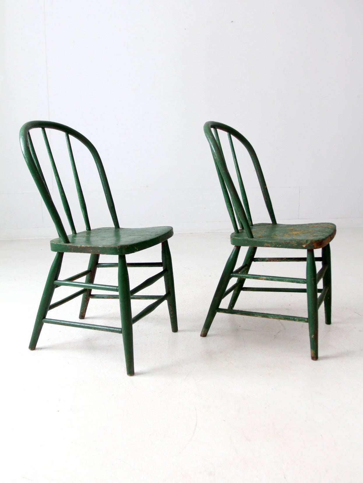 antique green farmhouse Windsor chairs pair