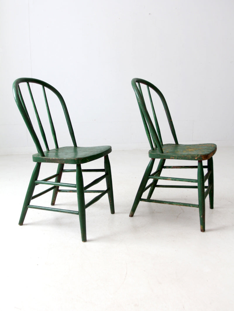 antique green farmhouse Windsor chairs pair