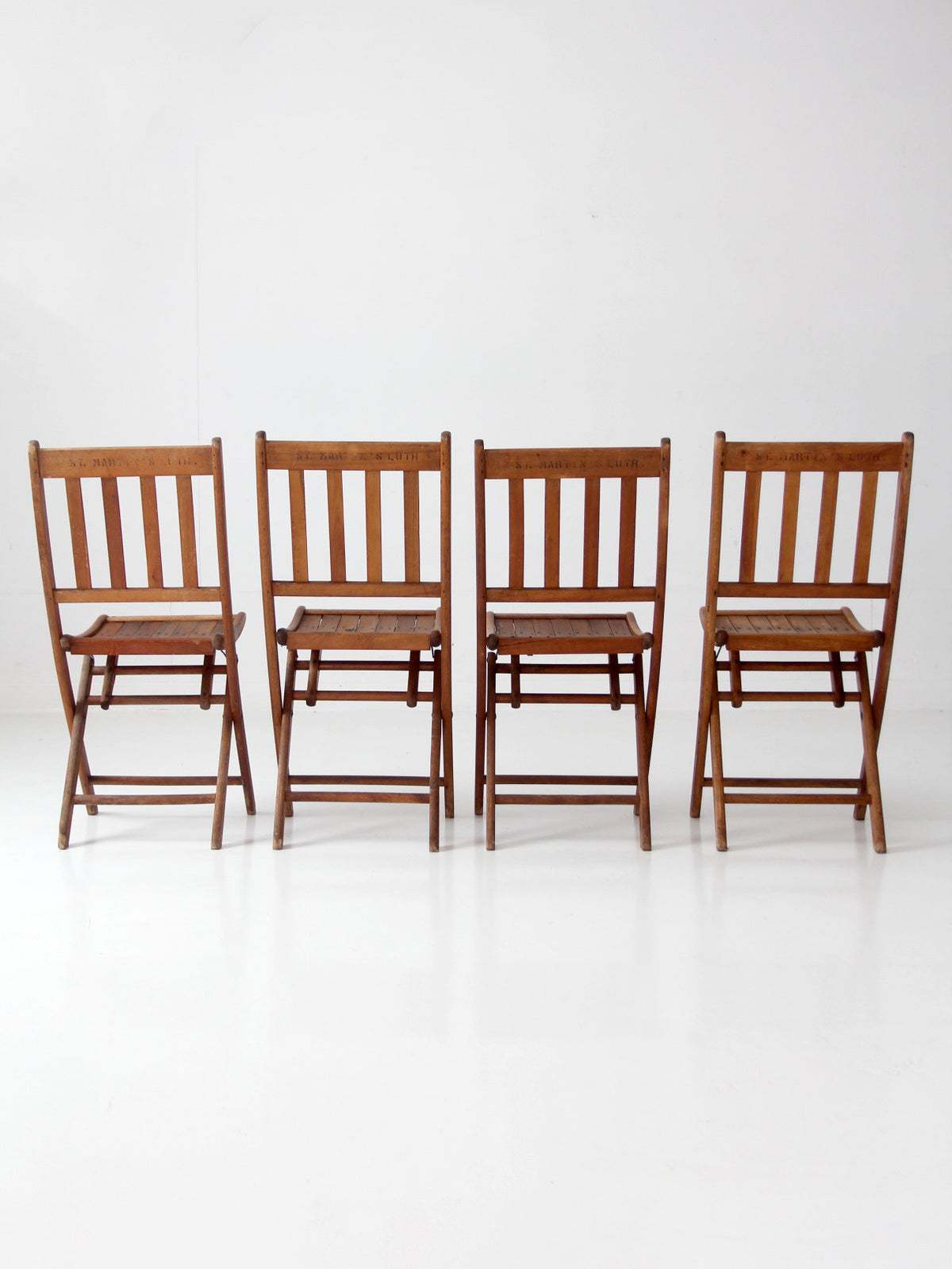 set of 4 antique slat wood folding chairs