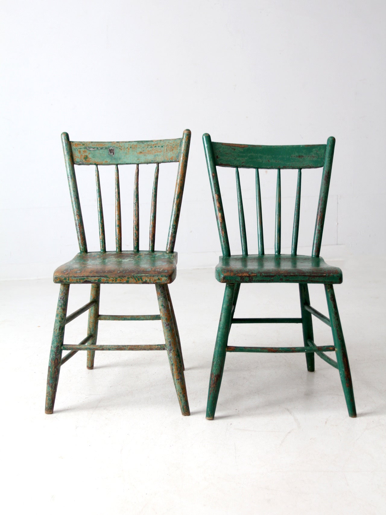 antique painted plank seat chairs pair