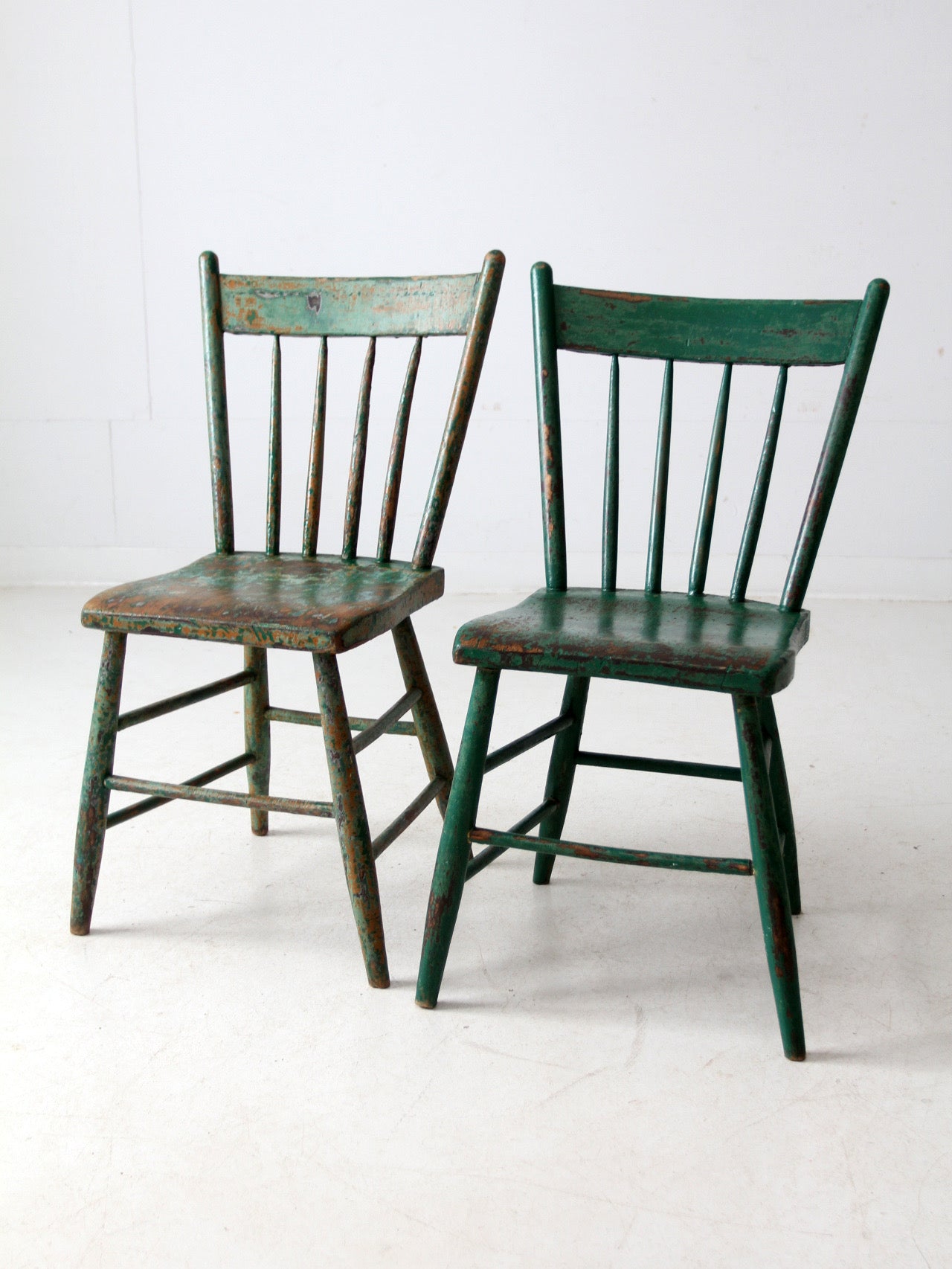 antique painted plank seat chairs pair