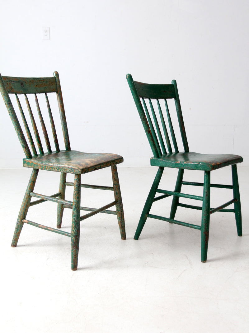 antique painted plank seat chairs pair