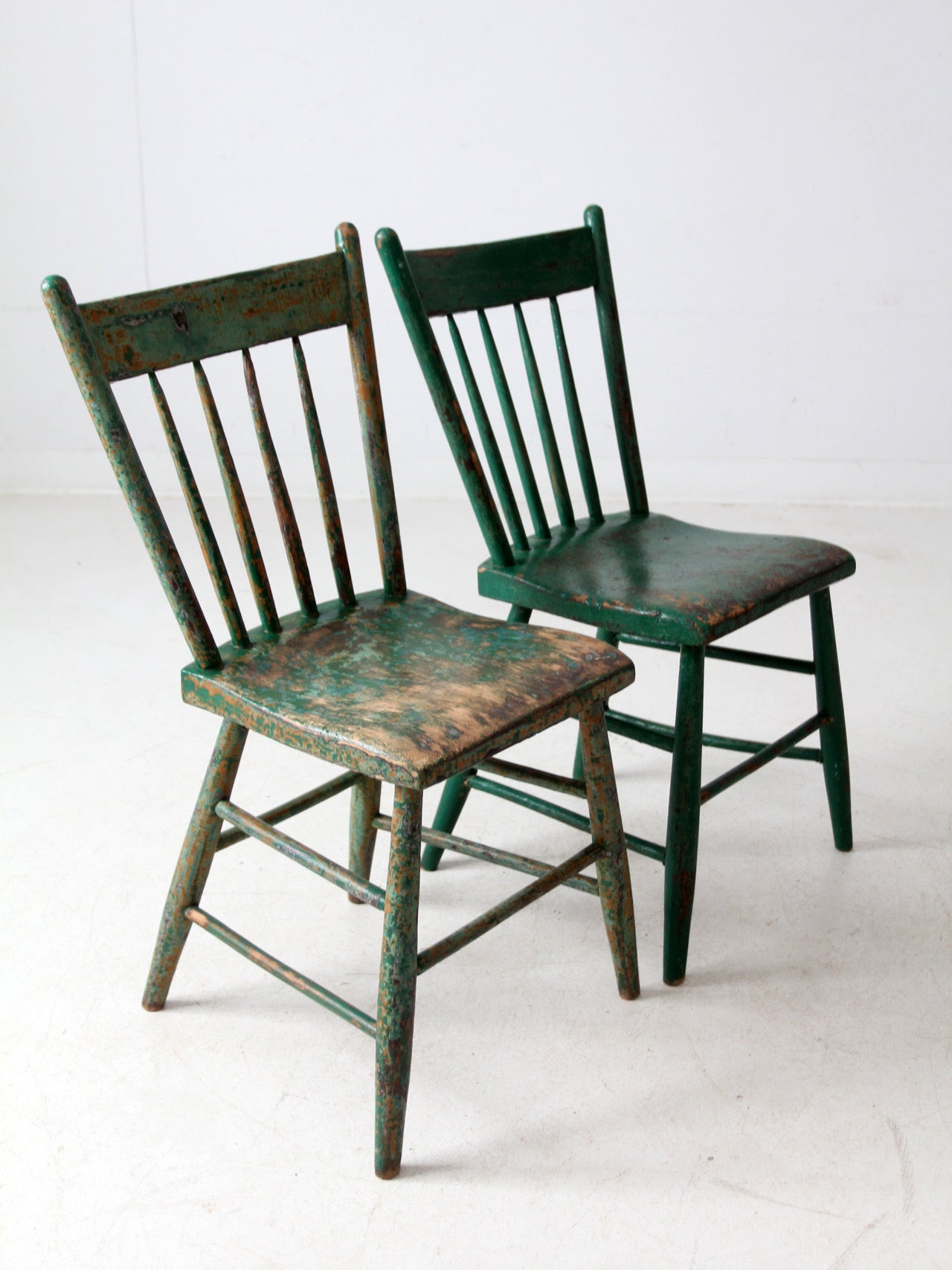 antique painted plank seat chairs pair