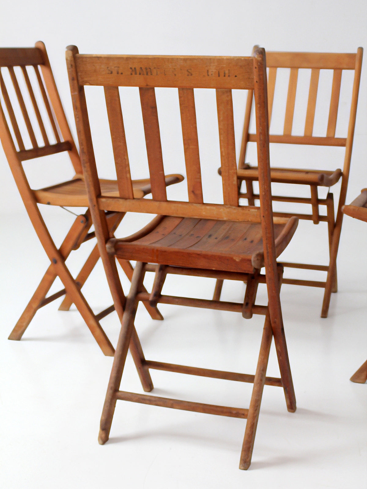 set of 4 antique slat wood folding chairs