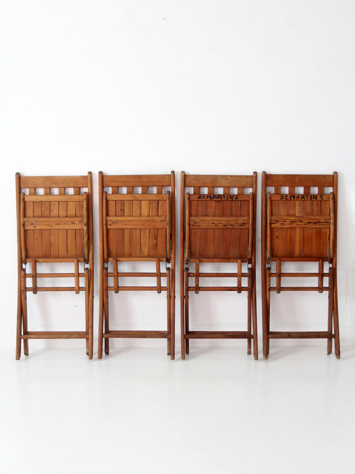 set of 4 antique slat wood folding chairs
