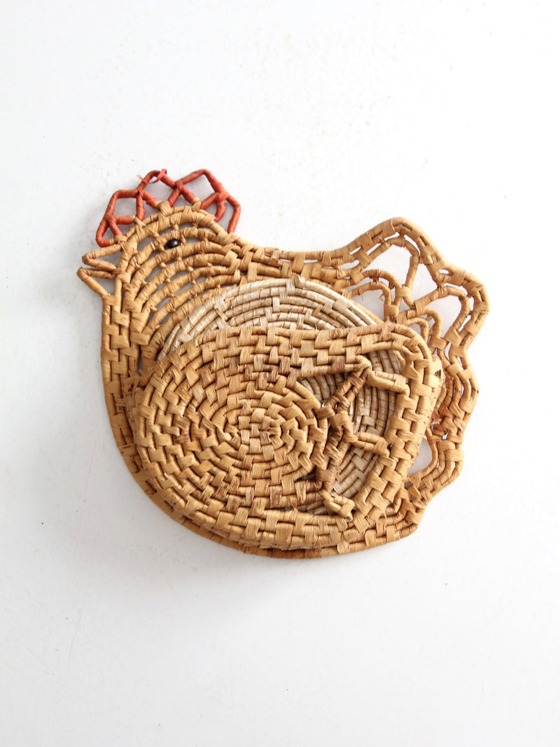 vintage trivet set with rooster caddy