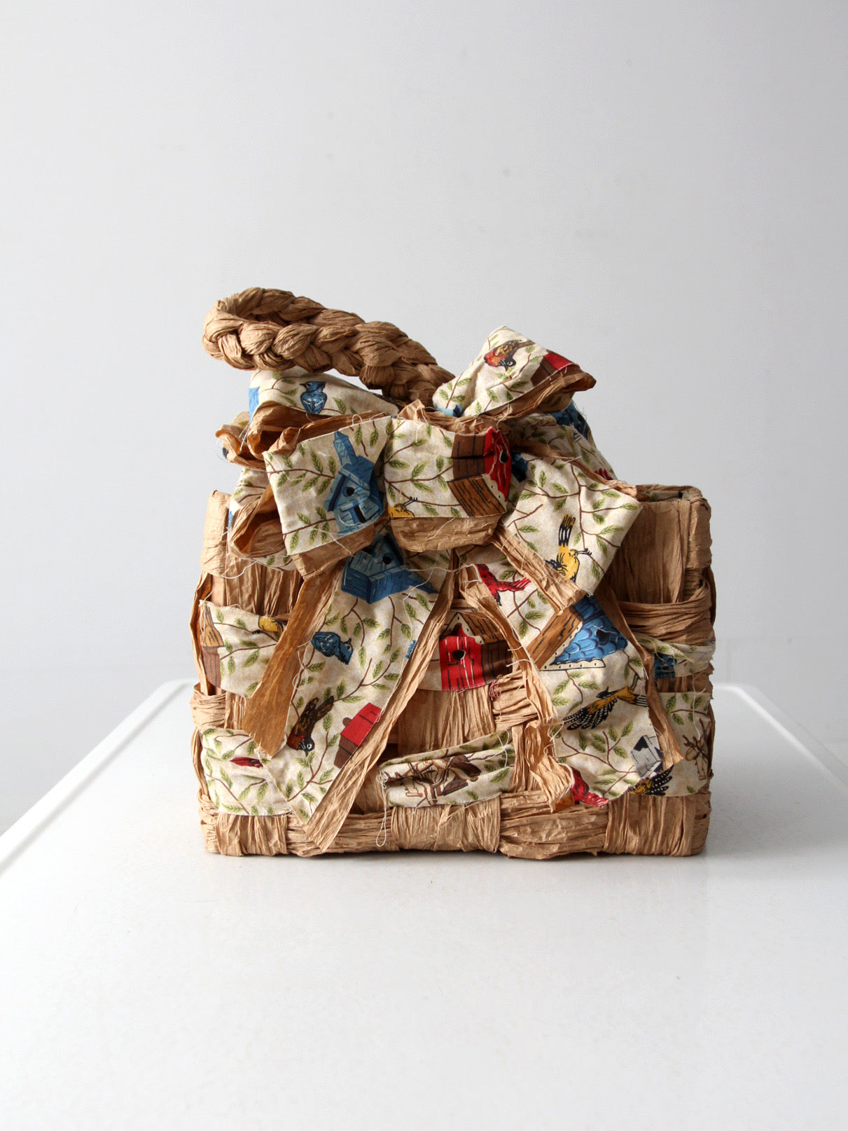 vintage woven paper tote with bird print fabric