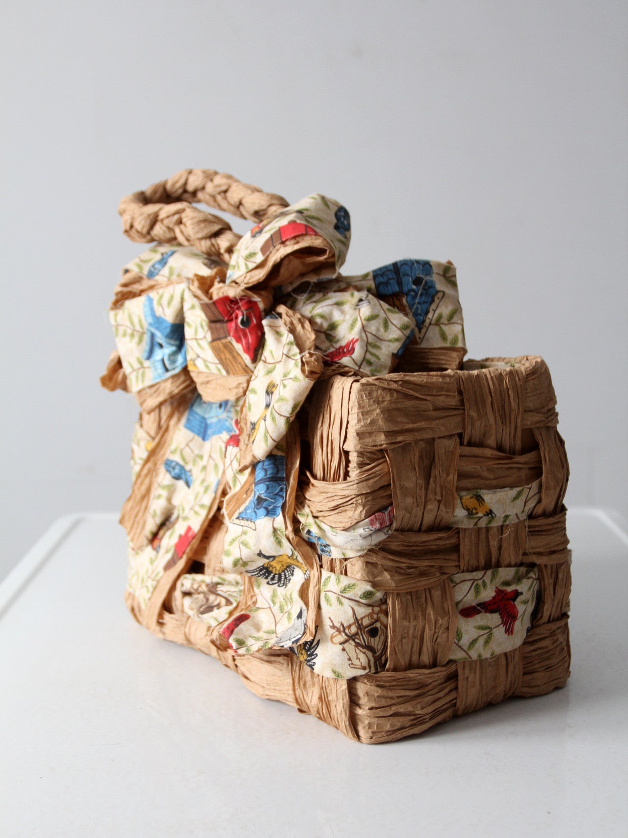 vintage woven paper tote with bird print fabric