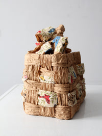 vintage woven paper tote with bird print fabric