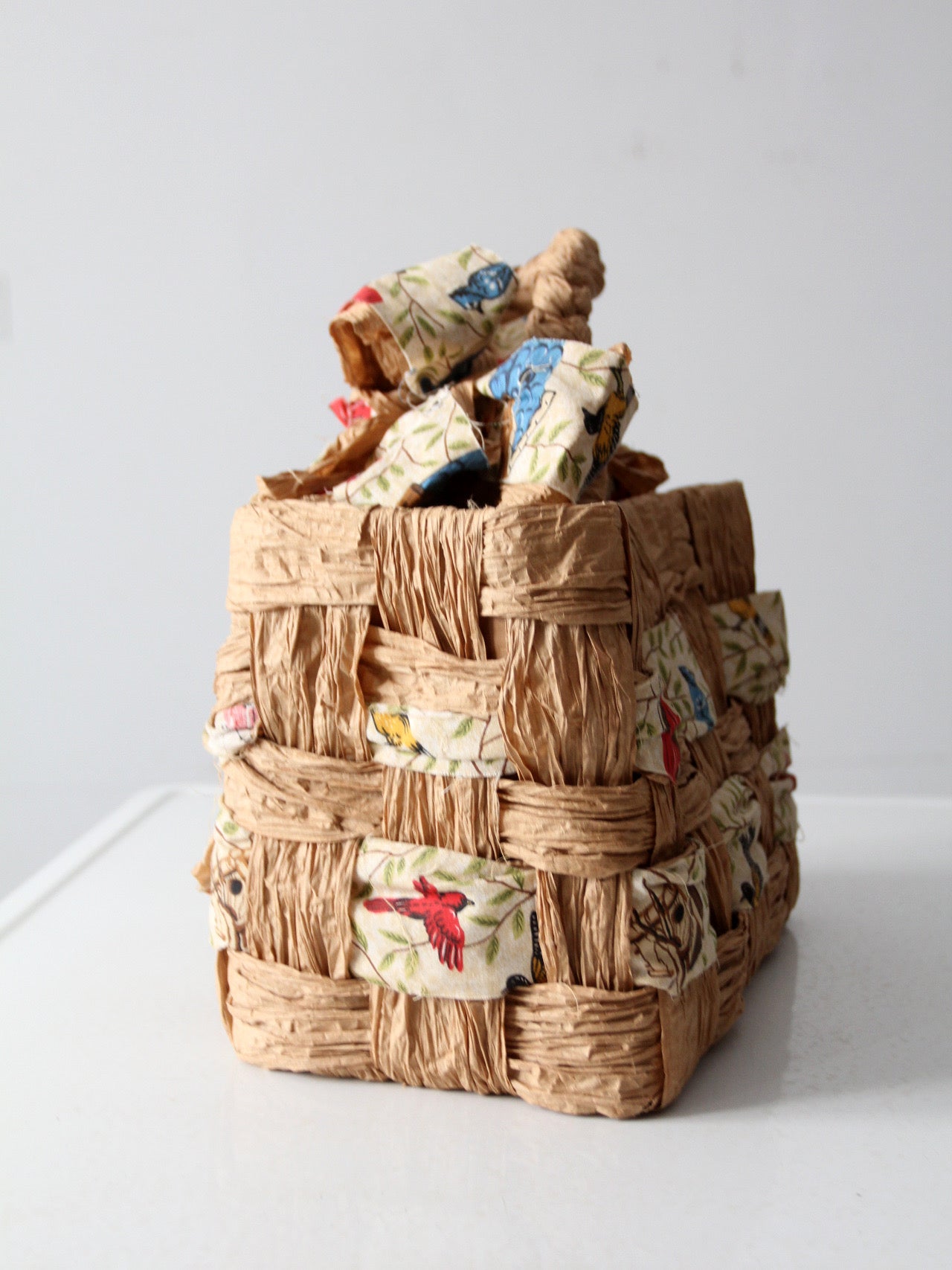 vintage woven paper tote with bird print fabric