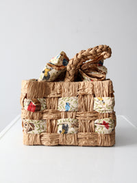 vintage woven paper tote with bird print fabric