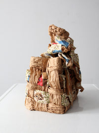 vintage woven paper tote with bird print fabric